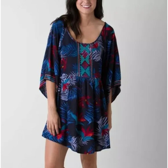 Roxy Hawaiian Floral Embroidered Mini Dress Women's Small Navy Kimono Sleeve - Picture 1 of 8